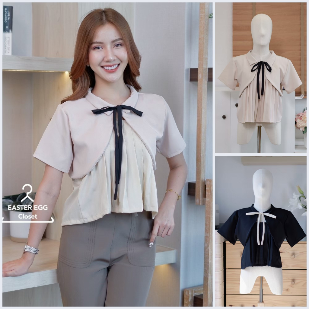 SALE F11 เสื้อทํางานผู้หญิง พร้อมผ้าคลุมคอปก สไตล์มินิมอล ทรงน่ารักมาก ผ้าสวย มี Texture Easter Egg