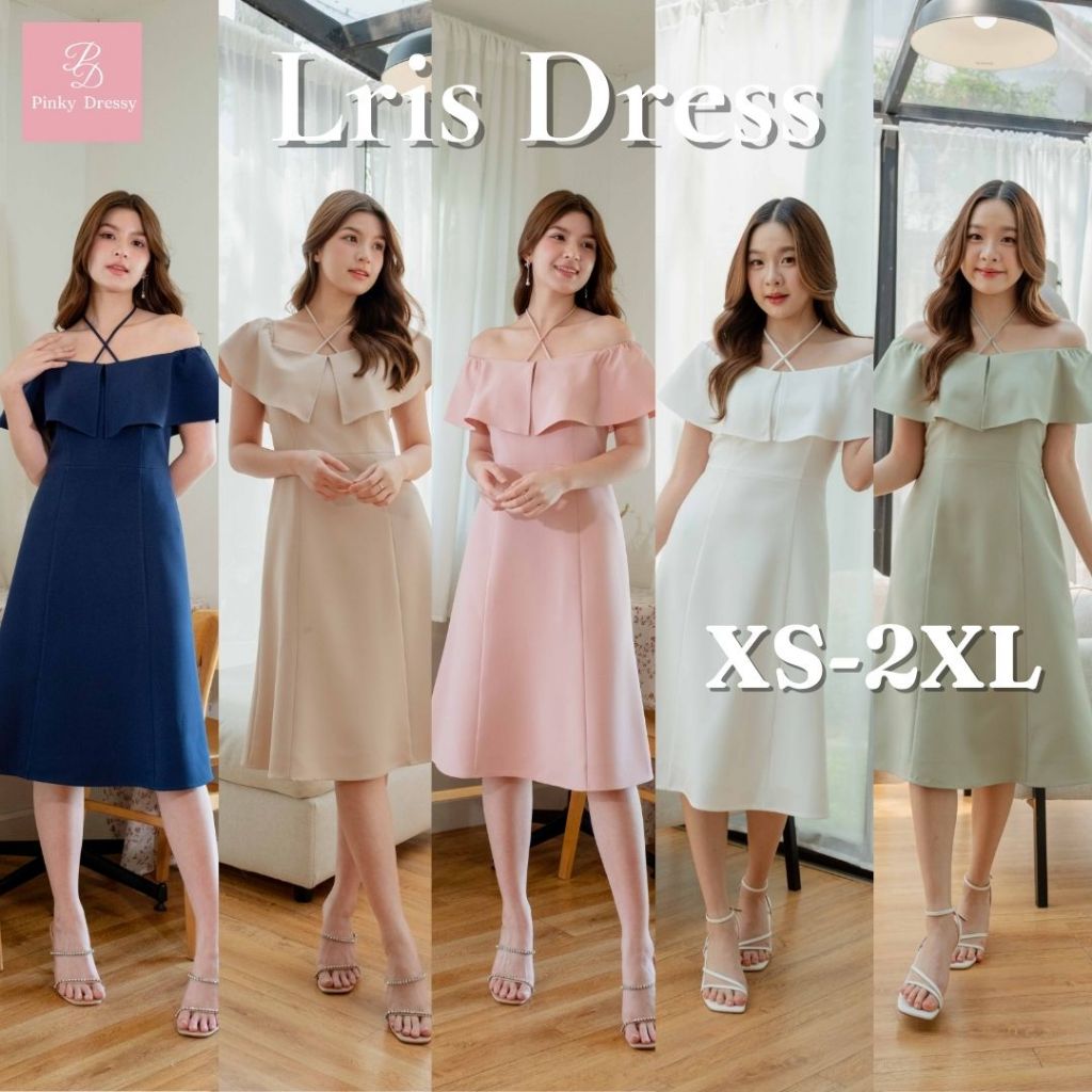 ซื้อ2ลดเพิ่ม100.-🔥 Pinky.Dressy PNK020 Iris Dress✨ เดรสเปิดไหล่ กระโปรงบาน สายผูกคอ ออกงาน ไปงาน