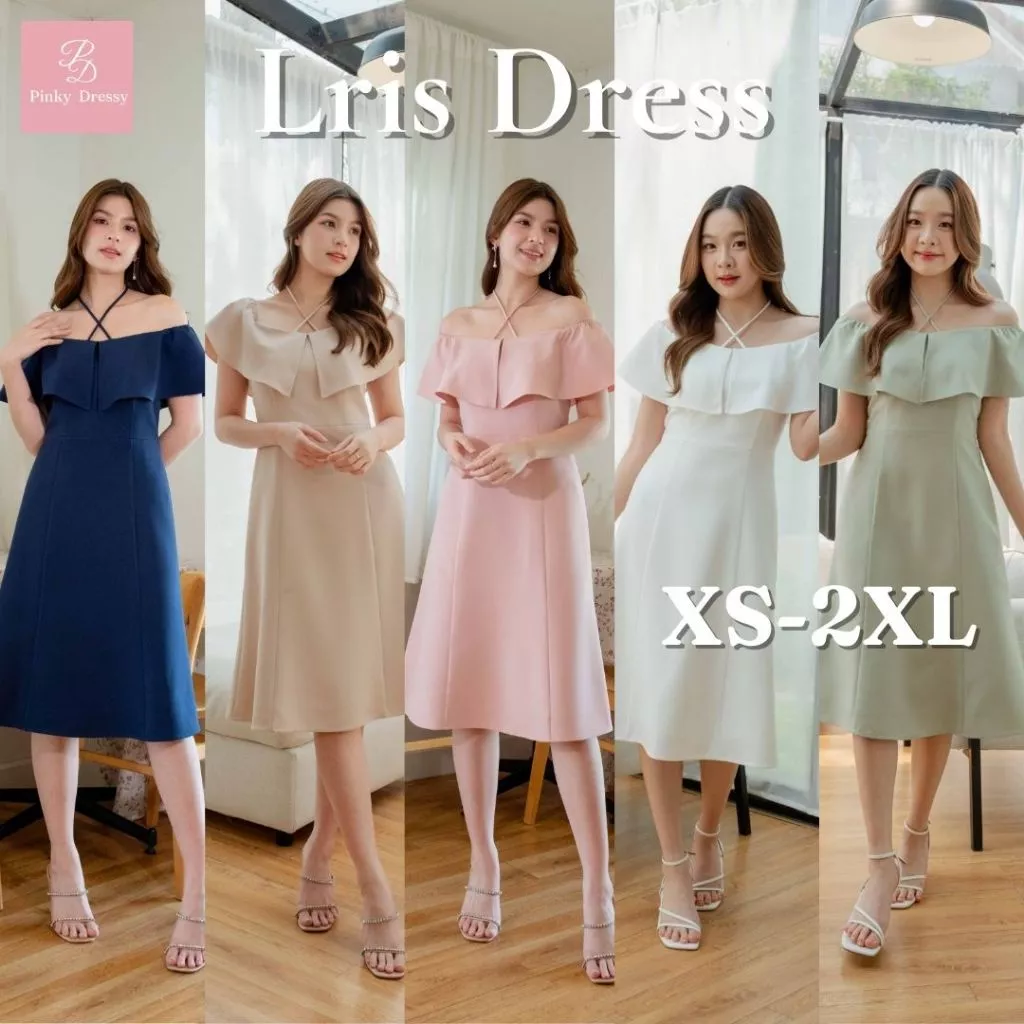 PNK020 Iris Dress✨ เดรสเปิดไหล่ กระโปรงบาน สายผูกคอ ออกงาน ไปงาน Pinky Dressy