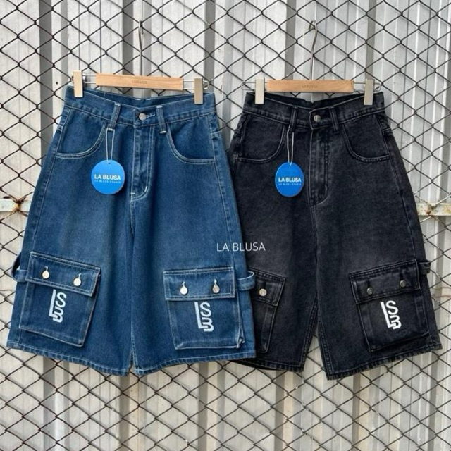 LABLUSA - LBS304 กางเกงขา 5 ส่วนคาร์โก้กระเป๋าหน้าปักโลโก้ LBS