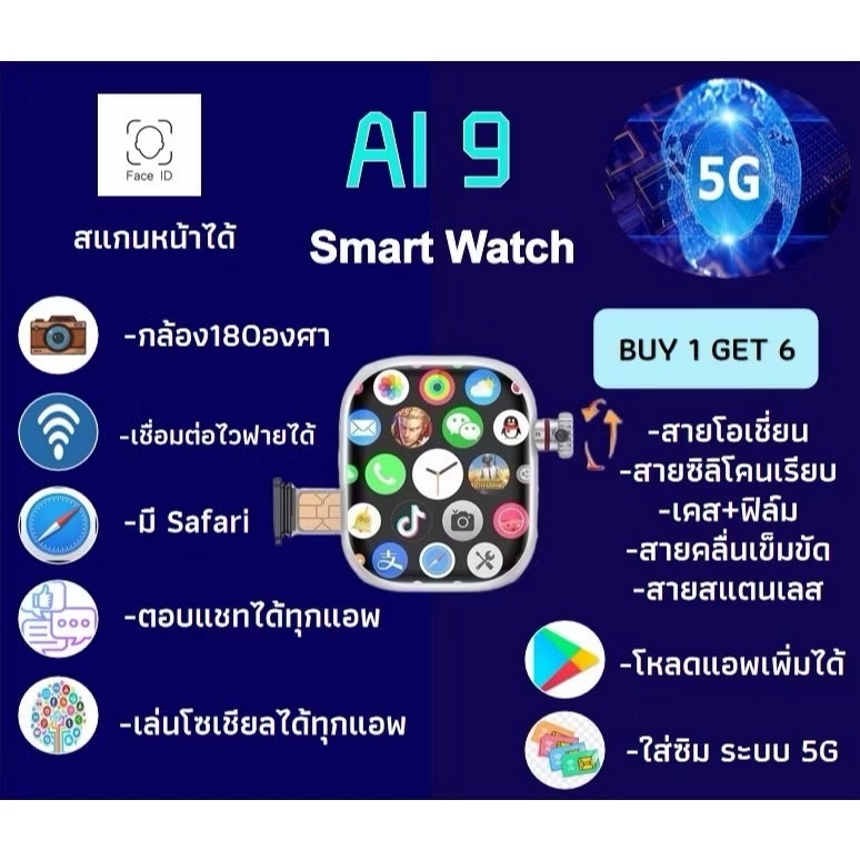 ZMZ นาฬิกา Smartwatch Ai 9 5G ใส่ซิม มีสายนาฬิกา4เส้น แถมเคสใสและฟิล์ม 128GB ตอบแชทต่างๆได้ทุกแอพ โห