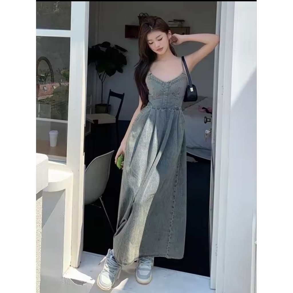 🌷253🌷เดรสยีนส์สายเดี่ยว สาวอวบมือ2 size m-5xL 🌷