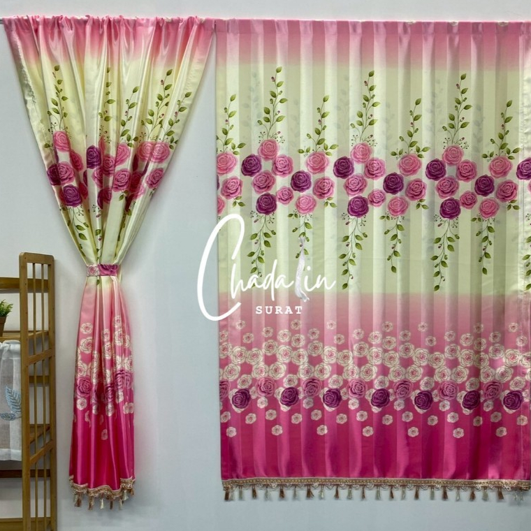 ผ้าม่านแบบสอดลวดลายดอกกุหลาบผ้าพิมลาย 2 หน้า ผ้าหนาสีสวยสดใสความสูง150เซนติเมตรมีสายผูกเย็บติดด้านข้าง - รูปที่ 4