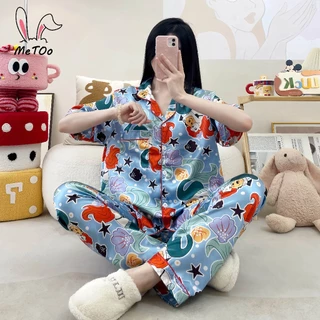 MeToo ชุดนอนแขนสั้นผ้าไหมอิตาลี ชุดนอนผ้าซาติน สะดวกสบายและระบายอากาศ พลัสหลวม Sleepwear สุภาพสตรีเสื้อผ้าพรีเมี่ยม ชุดน