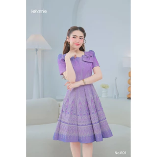N801 สุพรรณษาเดรสผ้าไทยผ้าทอลายแต่งโบว์อก กระโปรงบานทรงย้วยต่อ 8 ชิ้น อัดกาวทั้งชุด