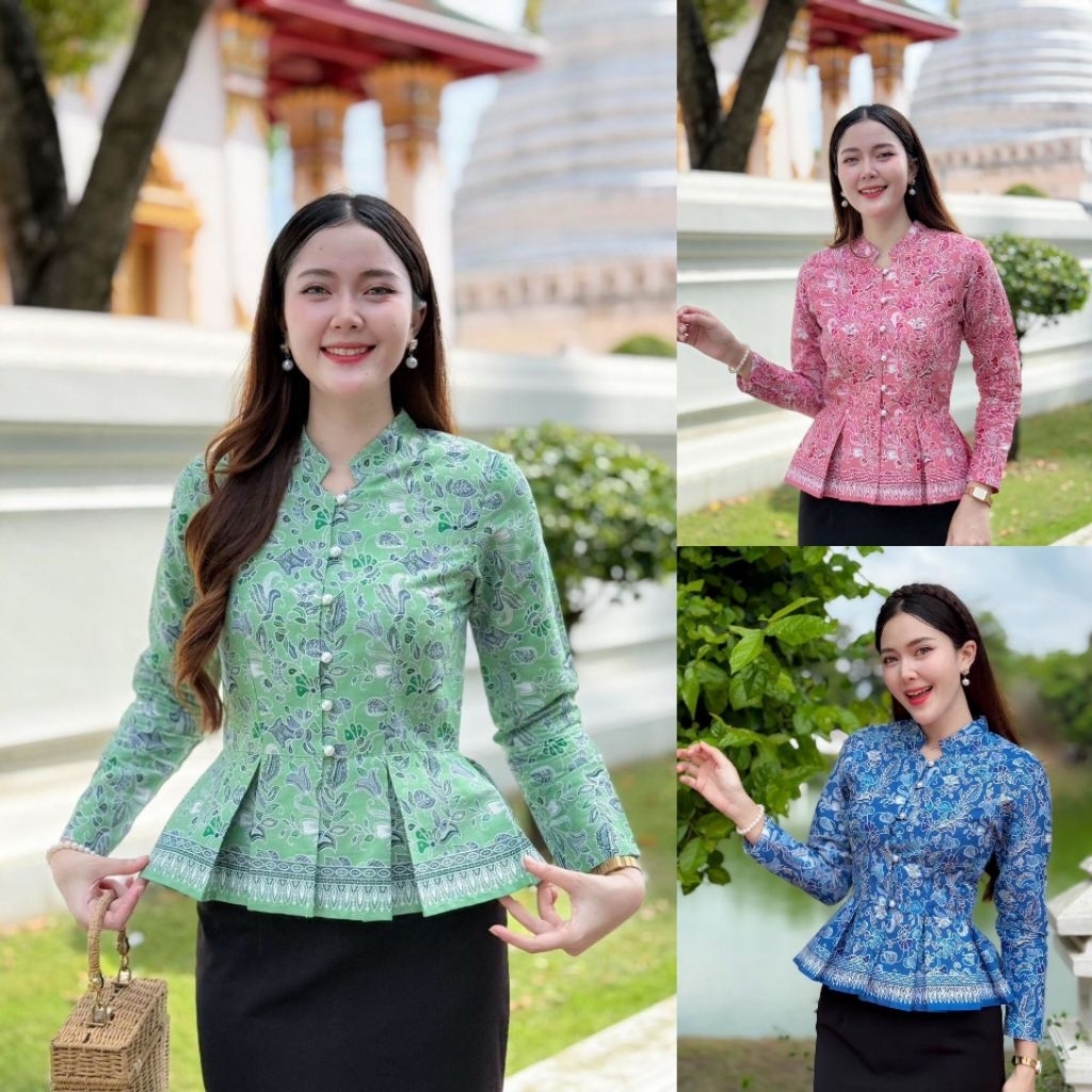 เสื้อผู้หญิงแขนยาวผ้าปาเต๊ะสีม่วงงานไม่อัดกาวผ้าไม่บางชายระบายทรงสวย น่ารัก สาวๆจะใส่กับกางเกง หรือกระโปรง ลงตัวสุดๆ