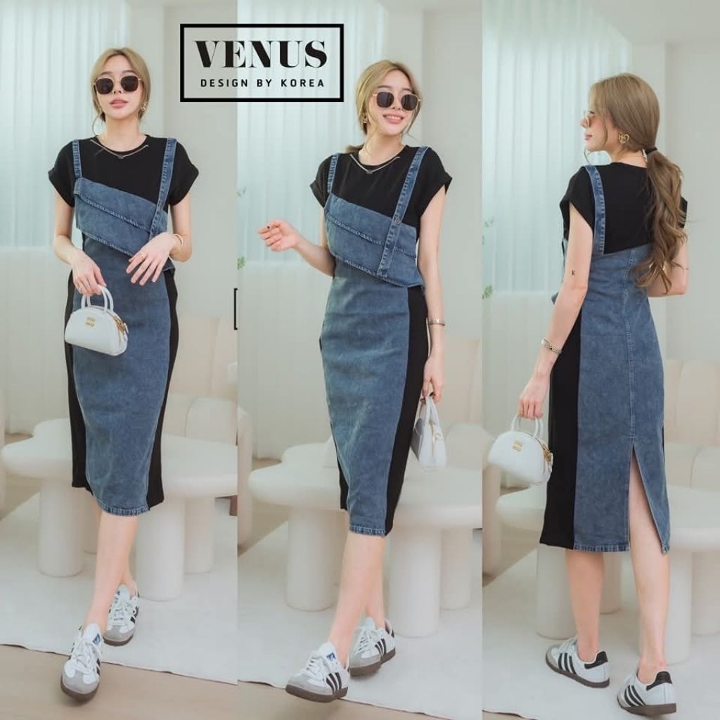 เดรสยีนส์แขนสั้นแต่งผ้ายืด S-5XL