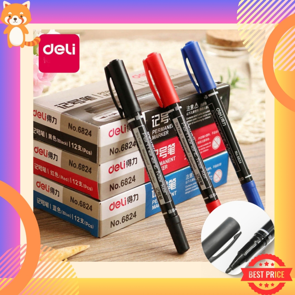 Deli Marker Pen 6824 ปากกาเขียนถุง ปากกากันน้ำ มาร์คเกอร์ ปากกาเคมี สำหรับเขียนซองพลาสติก 2 หัว 1mm และ 0.5mm