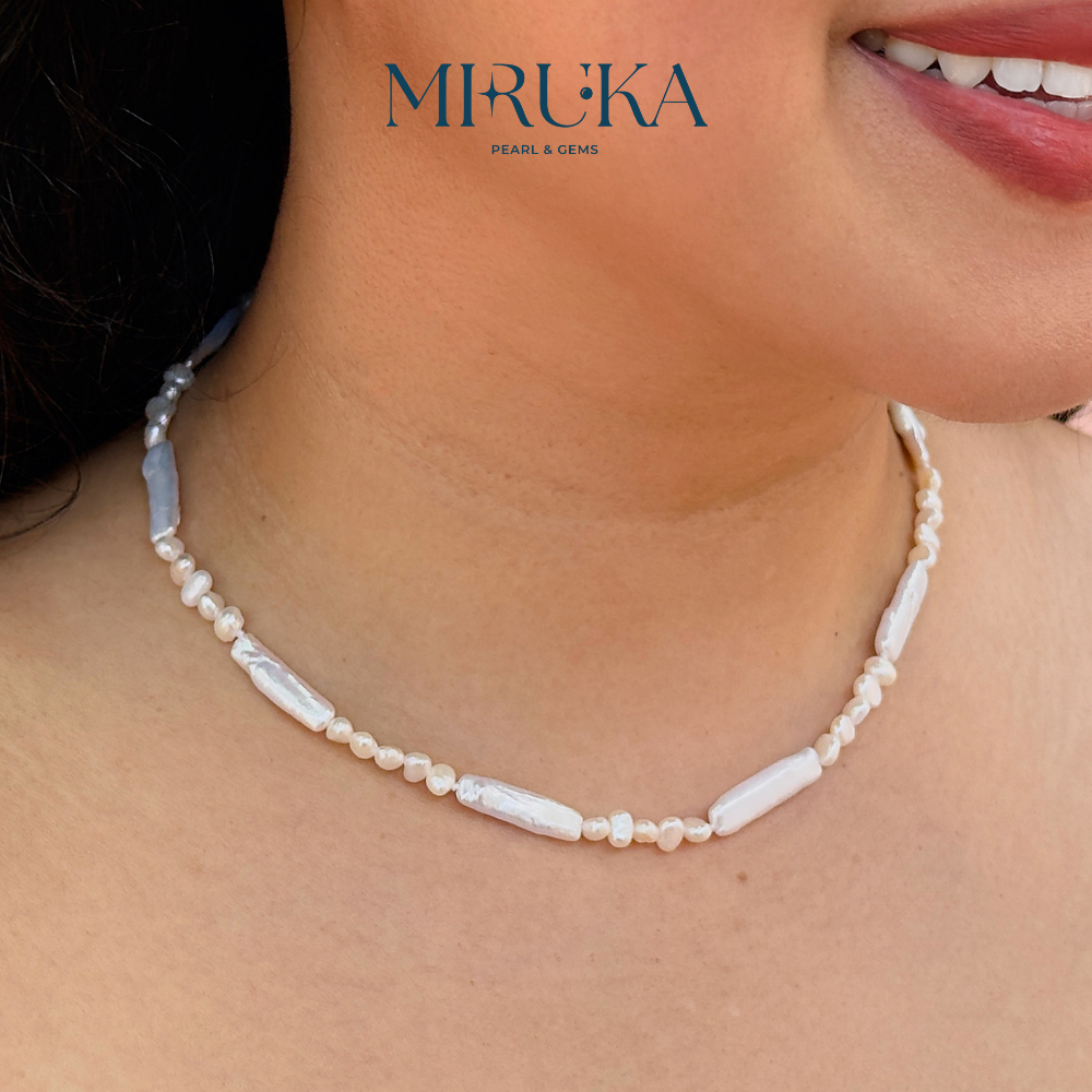 Miruka - สร้อยคอไข่มุกแท่ง ข้อต่อแม่เหล็ก เงินแท้925 Fresh Water Biwa Pearl