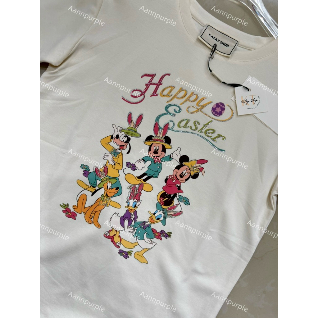 ใช้โค้ดลดเยอะ ‼️ (Oversized )เสื้อยืด🔖KATAY SHOP พร้อมส่ง ลาย Happy Easterประดับเพชร ผ้าดีนุ่มเด้ง