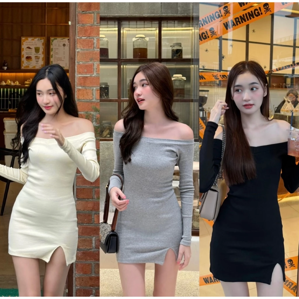 Romy dress-เดรสปาดไหล่แขนยาวทรงเข้ารูป ผ้าอย่างดีไม่บาง ได้ลุคคุณหนูดูแพง (อ่านรายละเอียดก่อนสั่งน้าสาวๆ)