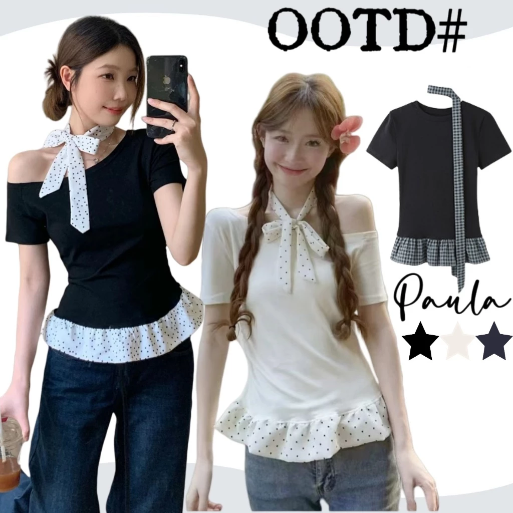 Paula พร้อมส่ง🌴เสื้อยืดแขนสั้น🌴เปิดไหล่ข้างเดียว แถมโช้คเกอร์ ผ้าพันคอลายจุดสไตล์เกาหลี เสื้อปาดไหล่ ดีเทลเย็บชายระบาย