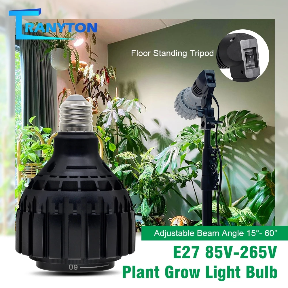 E27 LED Grow light ไฟปลูกต้นไม้ 12W/24W 4000k/6000k เติบโตหลอดไฟ 15 ° ~ 60 °มุมลำแสงปรับได้ เติบโตโคมไฟด้วยสวิตช์ลวด 4M
