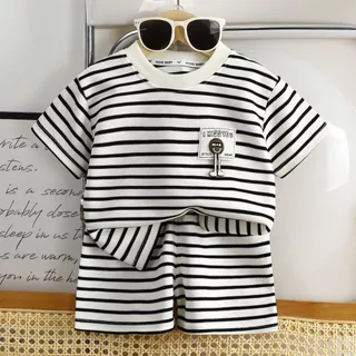 ชุดเสื้อแขนสั้นเด็ก เสื้อแขนสั้น+กางเกงขาสั้น ลายทาง ปักลายการ์ตูน อินเทรนด์ ลำลอง