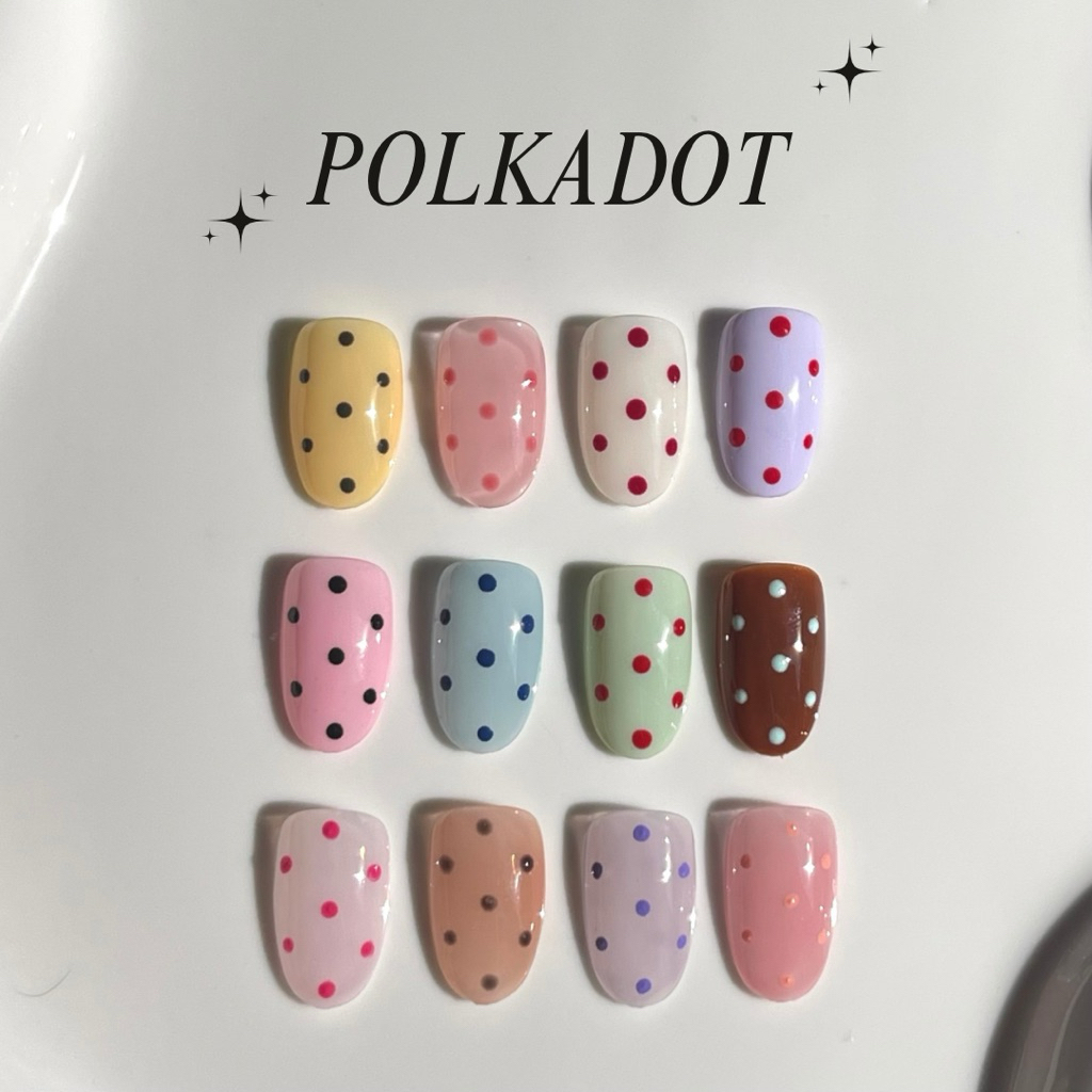 LUNAMADE 🍋 เล็บเจลปลอมสำเร็จรูป เจลแท้  ลายจุด Polkadots เลือกสีเองได้  🍋 เลือกขนาดได้  กรุณาวัดไซส์ก่อนสั่ง