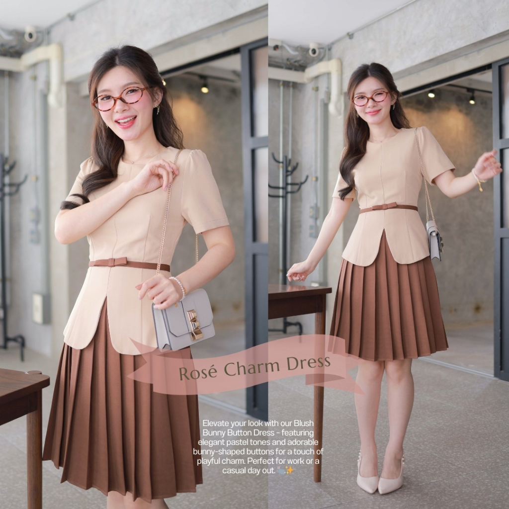 "Romi"Oil" Rosé Charm Dress (Brown) K262 ชุดเดรสสีน้ำตาล (ชุดเดรสกระโปรงพลีท)