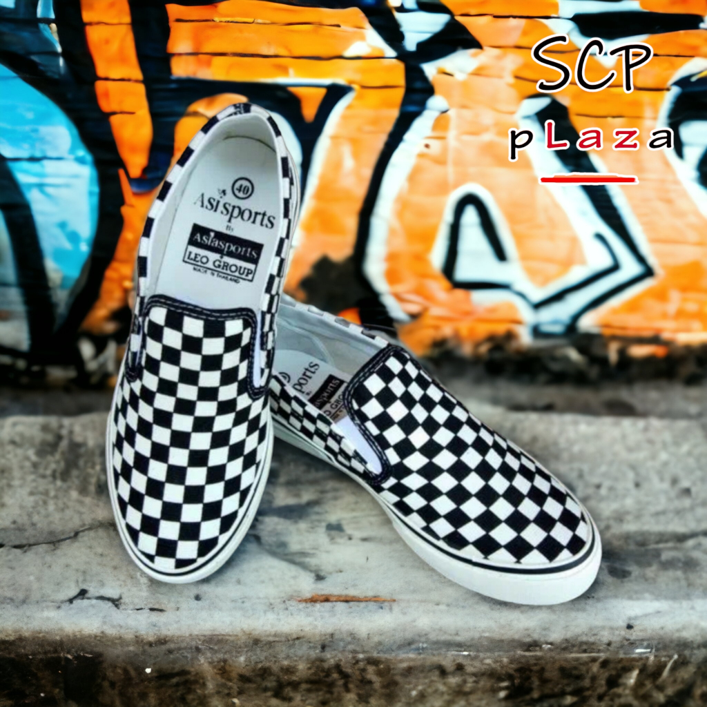 SCPPLaza รองเท้าผ้าใบ แนวสตรีท เกาหลี ลายสก๊อต ขาวดำ เทาดำ ยี่ห้อ Asi sports