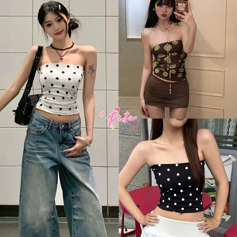 Rita พร้อมส่ง🍒ลายจุดเสื้อกล้ามผู้หญิง เกาะอก มีฟองน้ำ เสื้อครอป แขนกุด ดีไซน์เก๋ไก๋ และเซ็กซี่ ทรงรัดรูป สไตล์อเมริกัน