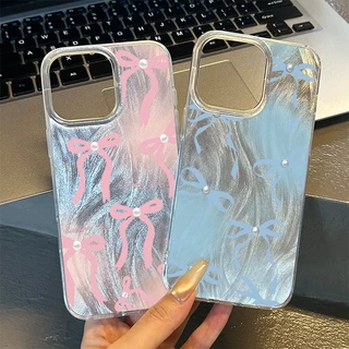เคสสีชมพูน้ำเงิน Pearl Bow สุดหรู เคสไอโฟน13 เคส IPhone 11 Pro 16 13 14 15 12 Pro Max XR X XS Max 8 7 15 Plus 16Pro Max