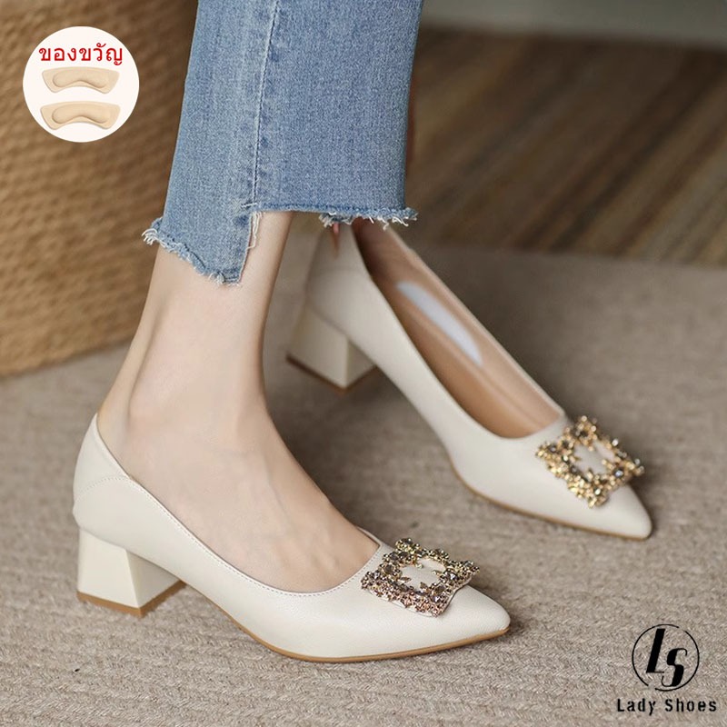 [LS] รองเท้าเจ้าสาว ส้นสูงสีครีม สไตล์ใหม่ แฟชั่นหัวแหลมสวย ใส่สบายไม่เจ็บเท้า
