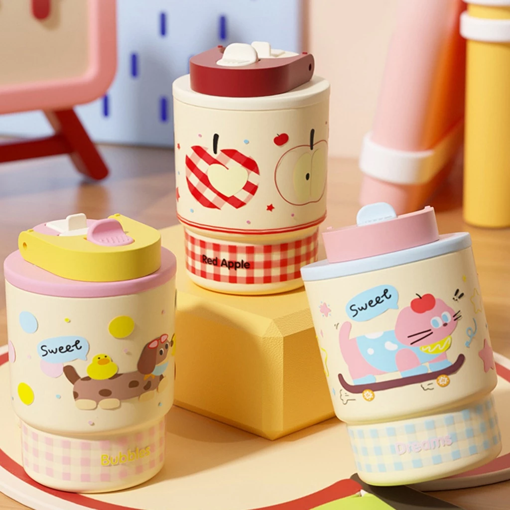 ถ้วย 420 ml Tumbler 316 สแตนเลสสตีล แก้วกาแฟ แก้วดูดสองทาง ใช้ได้ทั้งร้อนและเย็น, Cute
