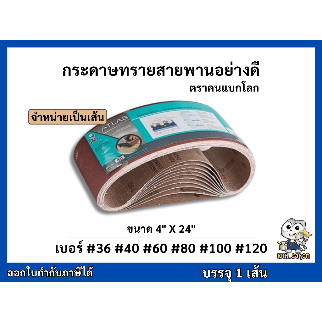 ATLAS 147 กระดาษทรายสายพานอย่างดี กระดาษทรายเครื่อง กระดาษทรายรถถัง  ตราคนแบกโลก 4"X24" เบอร์ #36 #4