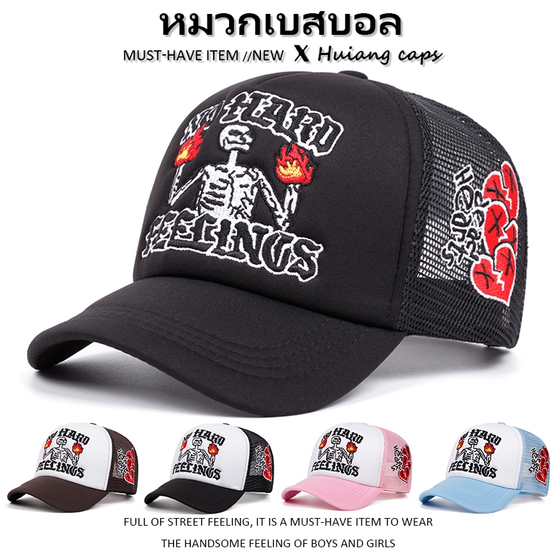 หมวก การออกแบบตาข่ายระบายอากาศ งานปักหัวกระโหลกเปลวไฟ แฟชั่น วินเทจ หมวกเบสบอล สําหรับผู้หญิง และผู้ชาย