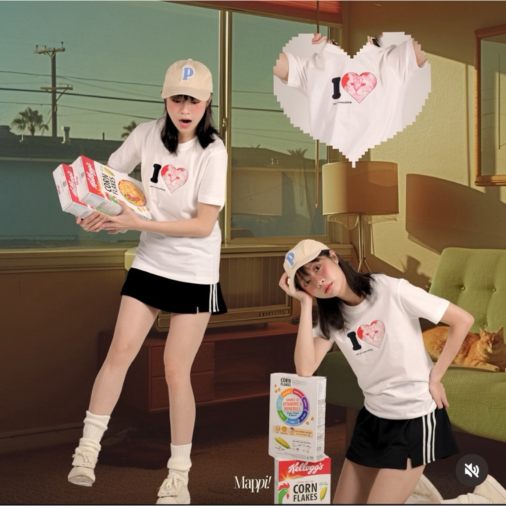 เสื้อยืด Oversize Mappi I Heart Cat Cotton 100% 210gsm ลายหัวใจแมว สีขาว