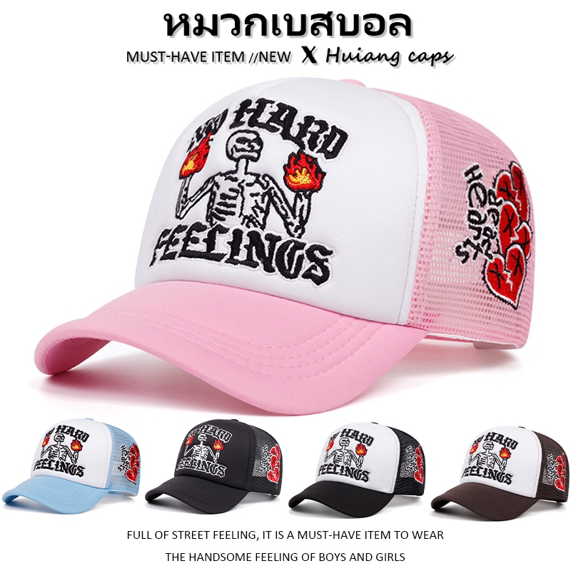 หมวกเบสบอล การออกแบบตาข่ายระบายอากาศ ลายกะโหลกเพลิง ปักลายตัวอักษร หมวกทรักเกอร์ สําหรับผู้หญิง และผู้ชาย สามารถปรับได้