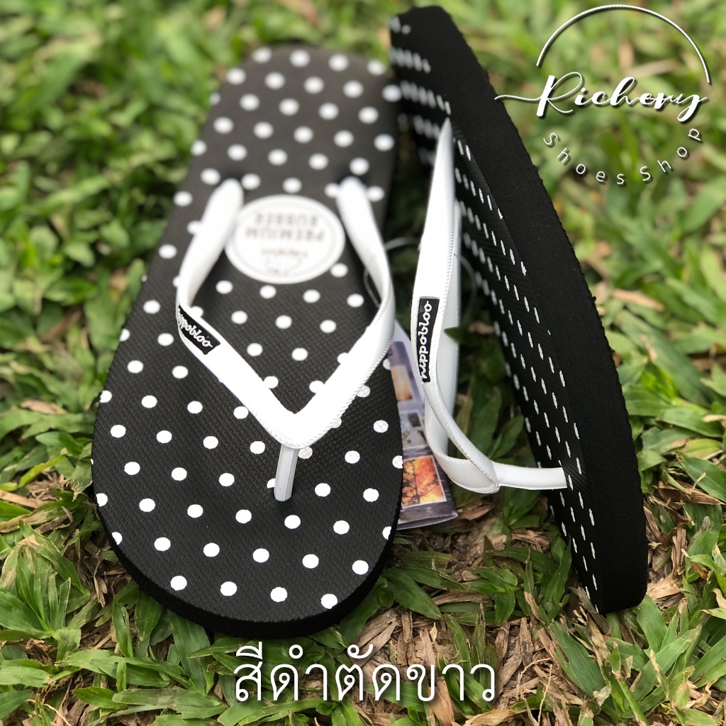 รองเท้าแตะ ลายจุด Hippo Bloo สีดำตัดขาว โทนเข้ม 12 สี รองเท้าใส่อยู่บ้าน sandals ฮิปโป บลู