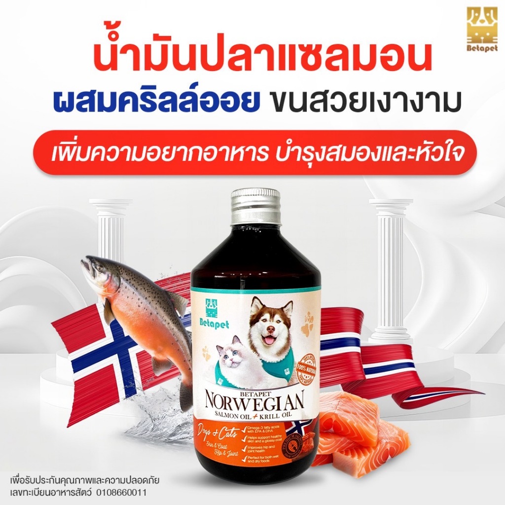 ( ‼️ ส่งไวมาก ‼️ ) BETAPET น้ำมันปลาแซลมอนแท้ 100% Premium จาก Norway สำหรับสุนัขและแมว บำรุงขนผิว ช่วยให้เจริญอาหาร