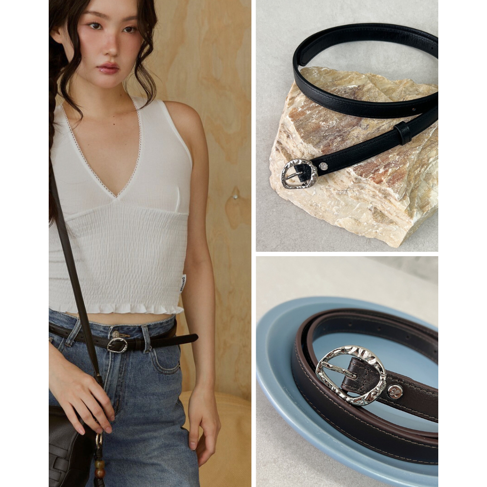 CHNiiNiN - the textured oval buckle leather belt เข็มขัดหนังวัวแท้ หัวเข็มขัดทรงรี ลายคลื่น