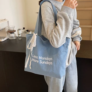 bag_1(BAG2098) กระเป๋าถือผ้าผ้ายีนส์ งานปัก LessMondays+มีโบว์