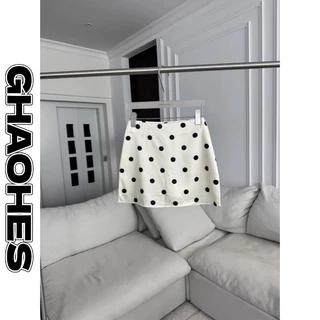 GHAOHES ✅ กระโปรงสั้นลายจุดเอวสูง⭐มีซับใน🍒 สองสี ดำ-ขาว✨กระโปรงทรงเอลายจุด🍓โอบก้นได้อย่างสมบูรณ์แบบ📏ขนาด S-3XL#2043
