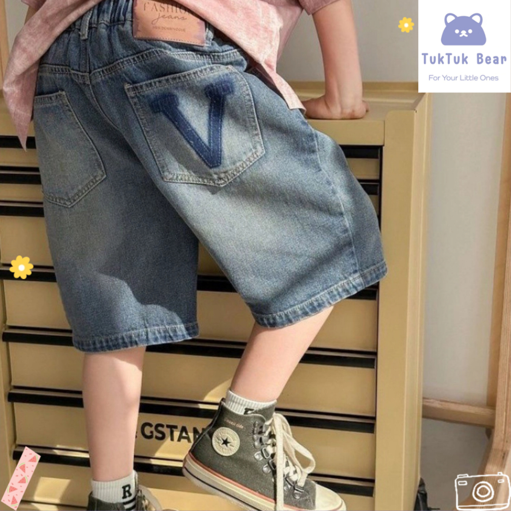 กางเกงยีนส์ขาสั้นเด็กผู้ชาย กางเกงยีนส์เด็กผู้ชายฤดูร้อน ดีไซน์สไตล์เกาหลี พิมพ์ตัวอักษรเทรนด์ เอวยางยืด