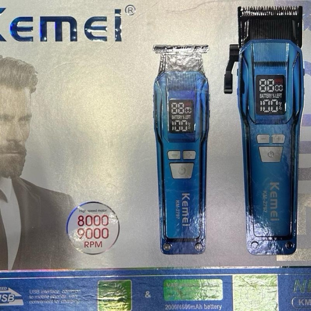kemei km2797 1กล่องได้ตัวตัดตัวกันขอบ ปัตตาเลี่ยนตัดผมไร้สาย ปรับระดับรอบเครื่องได้ มีจอบอกแบต ปรับส