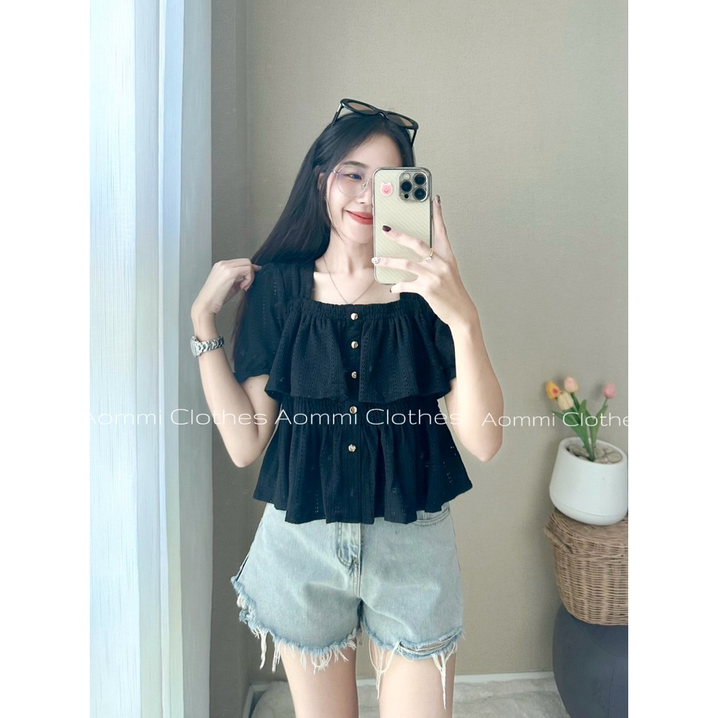 𖧷₊˚˖ขายดี✨เสื้อแฟชั่นผู้หญิง น้องขนมชั้น เสื้อคอยูระบาย2ชั้น⋆ﾟ＊₊˚⊹♡