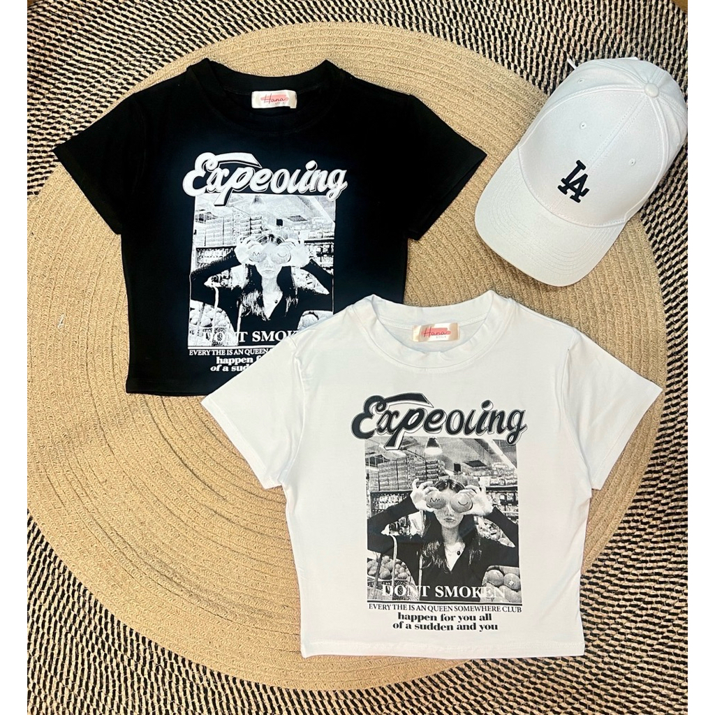 New !! เสื้อครอปสั้น ปลายเสื้อไม่บาน สรีนสุดเก๋