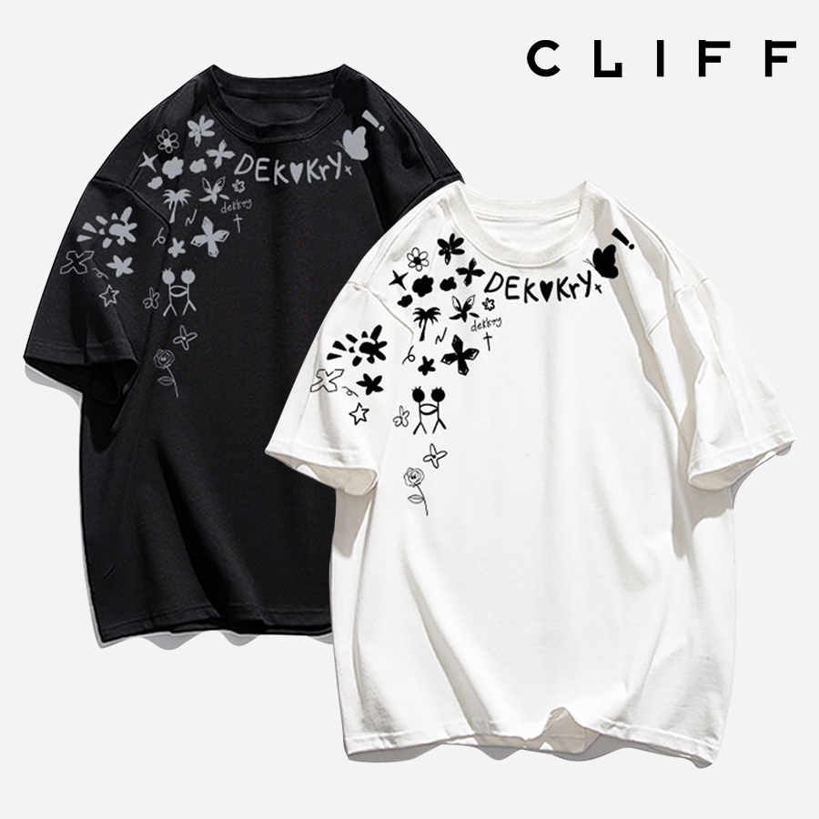 CLIFF เสื้อยืดพิมพ์ลายฤดูร้อน ชุดคู่รักทรงหลวม แมทช์ลุคง่าย คอกลม ลำลอง