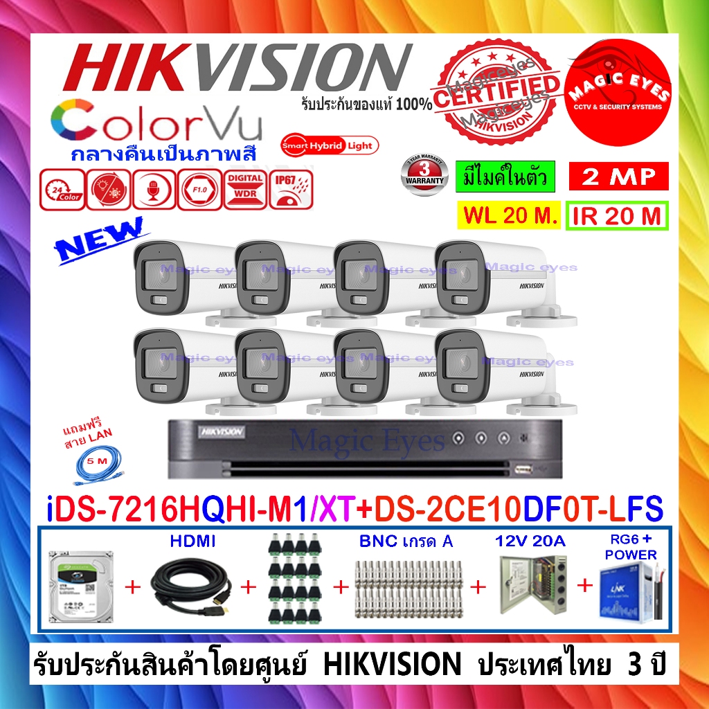 HIKVISIONกล้องวงจรปิด COLORVU 2MP DS-2CE10DF0T-LFS 2.8/3.6(8)+DVR IDS-7216HQHI-M1/XT(1)+1TB//2TB//4T