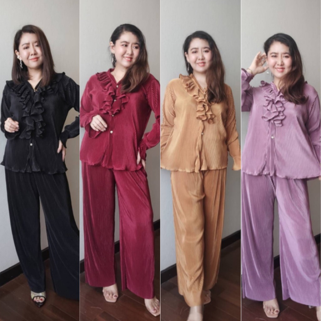 เซ็ทเสื้อคอระบายแต่งกระดุมมุก+กางเกง กางเกงขายาวใส่สบายๆ ผ้าพลีดใส่สบาย