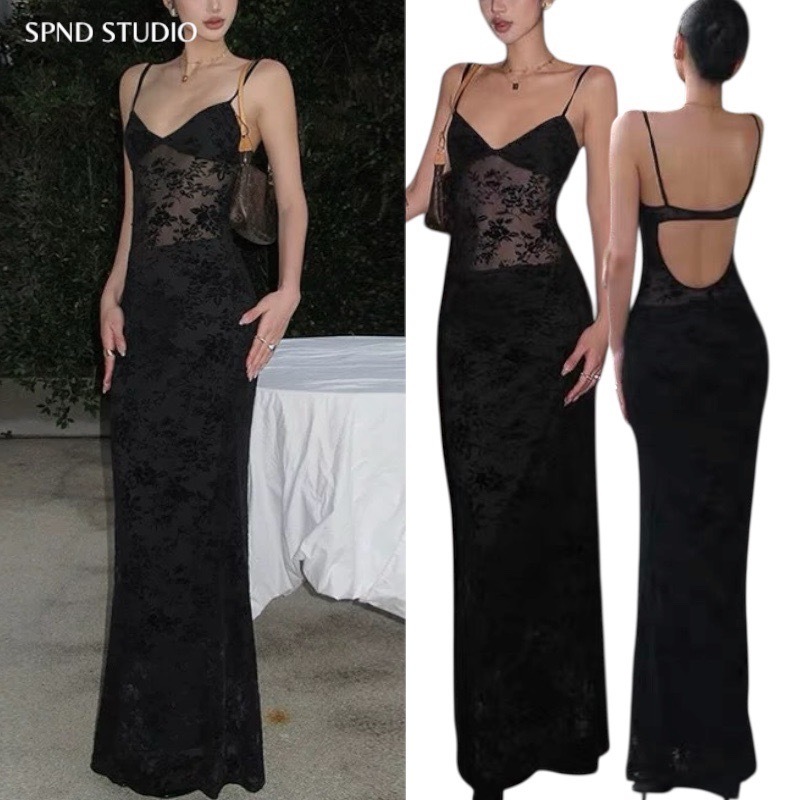 𝐒𝐏𝐍𝐃🖤【พร้อมส่ง】 เดรสยาวสายเดี่ยวซีทรู ลูกไม้ (แถมฟรีกางเกงซับใน)