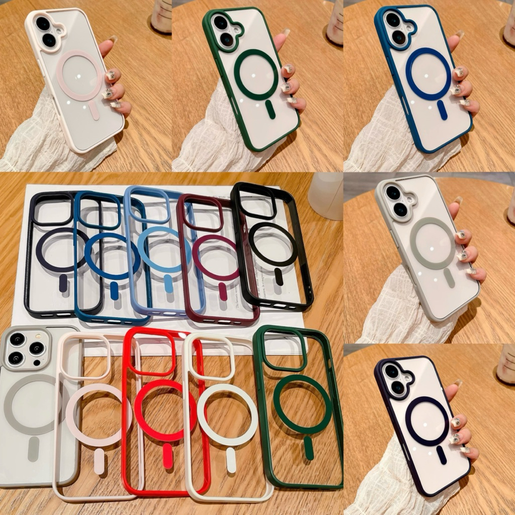 S🔥 case for iphone16 เคสอะคริลิคชาร์จได้ ขอบสี สำหรับ case iPhone 16 16Pro 16Promax 16plus i16 Pro max 15/14/13/12/11/17