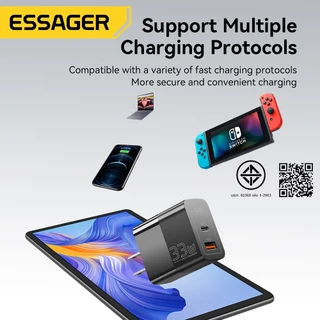 Essager 33W แท่นชาร์จผนังชาร์จ Gan USB ชนิด C สองพอร์ต QC PD 3.0ชาร์จเร็วสำหรับโทรศัพท์แผ่นแล็ปท็อป IP