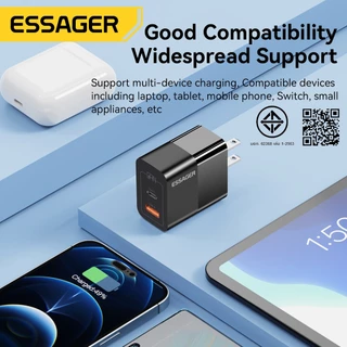 Essager 33W แท่นชาร์จผนังชาร์จ Gan USB ชนิด C สองพอร์ต QC PD 3.0ชาร์จเร็วสำหรับโทรศัพท์แผ่นแล็ปท็อป IP
