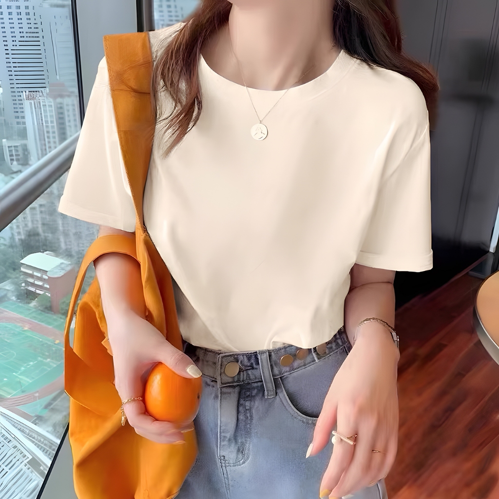 ใหม่ล่าสุดแฟชั่นไฮโซดูแพงแขนสั้นสีทึบคอกลมหลวมแขนสั้นหญิง ฤดูร้อนลำลองสวยๆใส่สบาย  สาวอวบใส่ได้ไซซ์ใหญ่ไม่ร้อนเสื้อยืดทร