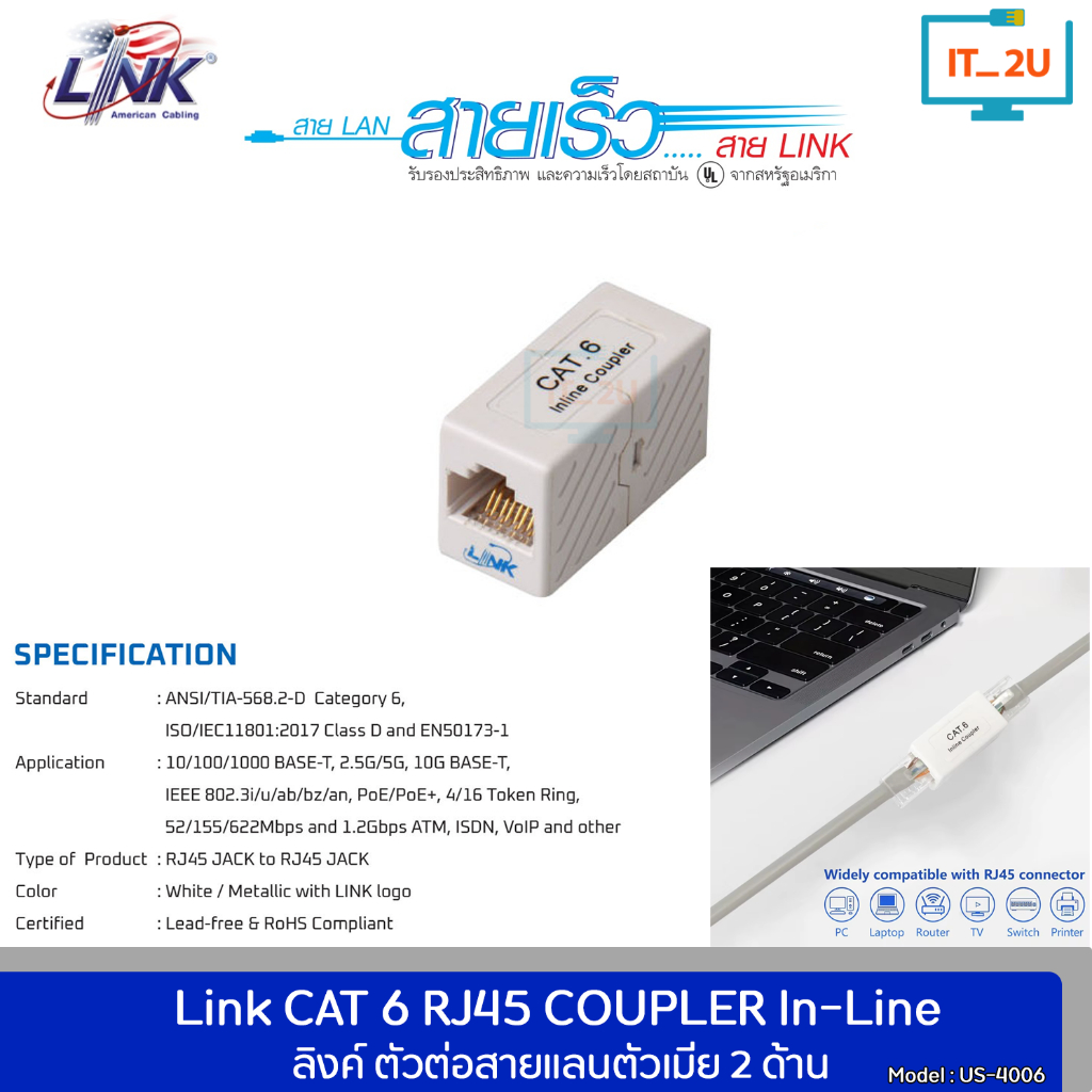 Link US-4006 Coupler In-Line RJ45 CAT6 Adapter ตัวเมียสองด้าน เชื่อมต่อสายแลน cat6/ตัวต่อสายแลน2เส้นเข้าด้วยกัน