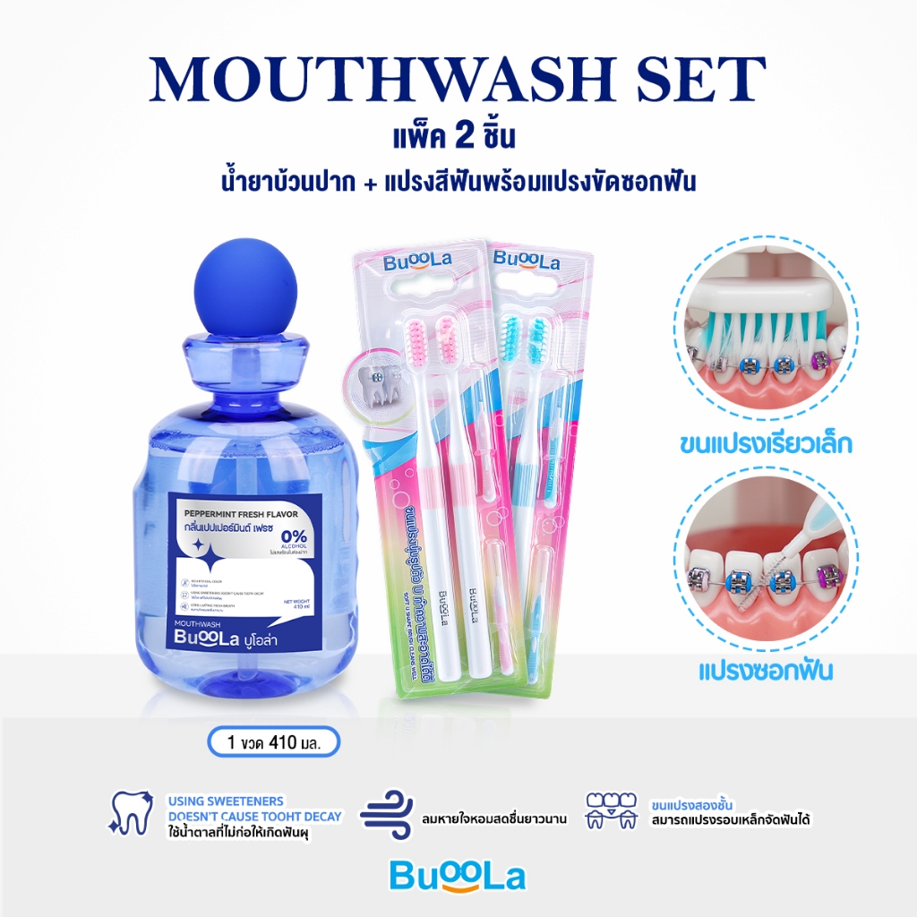 Buoola เซ็ตน้ำยาบ้วนปากเปปเปอร์มินท์ + แปรงสีฟัน (สำหรับคนจัดฟัน) ขนแปรงนุ่ม