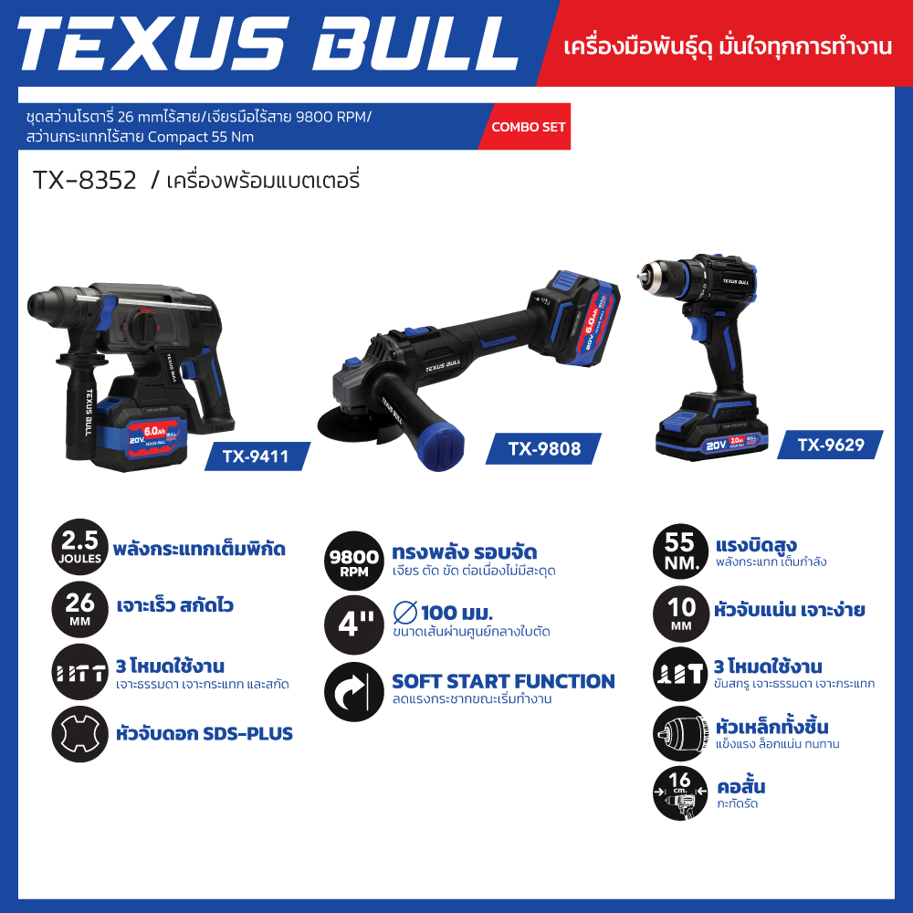 Texus Bull Combo Set ชุดเครื่องมือว่านโรตารี่ เครื่องเจียรและสว่านกระแทกไร้สาย พร้อมอุปกรณ์เสริมครบชุด 52 รุ่น TX-8352