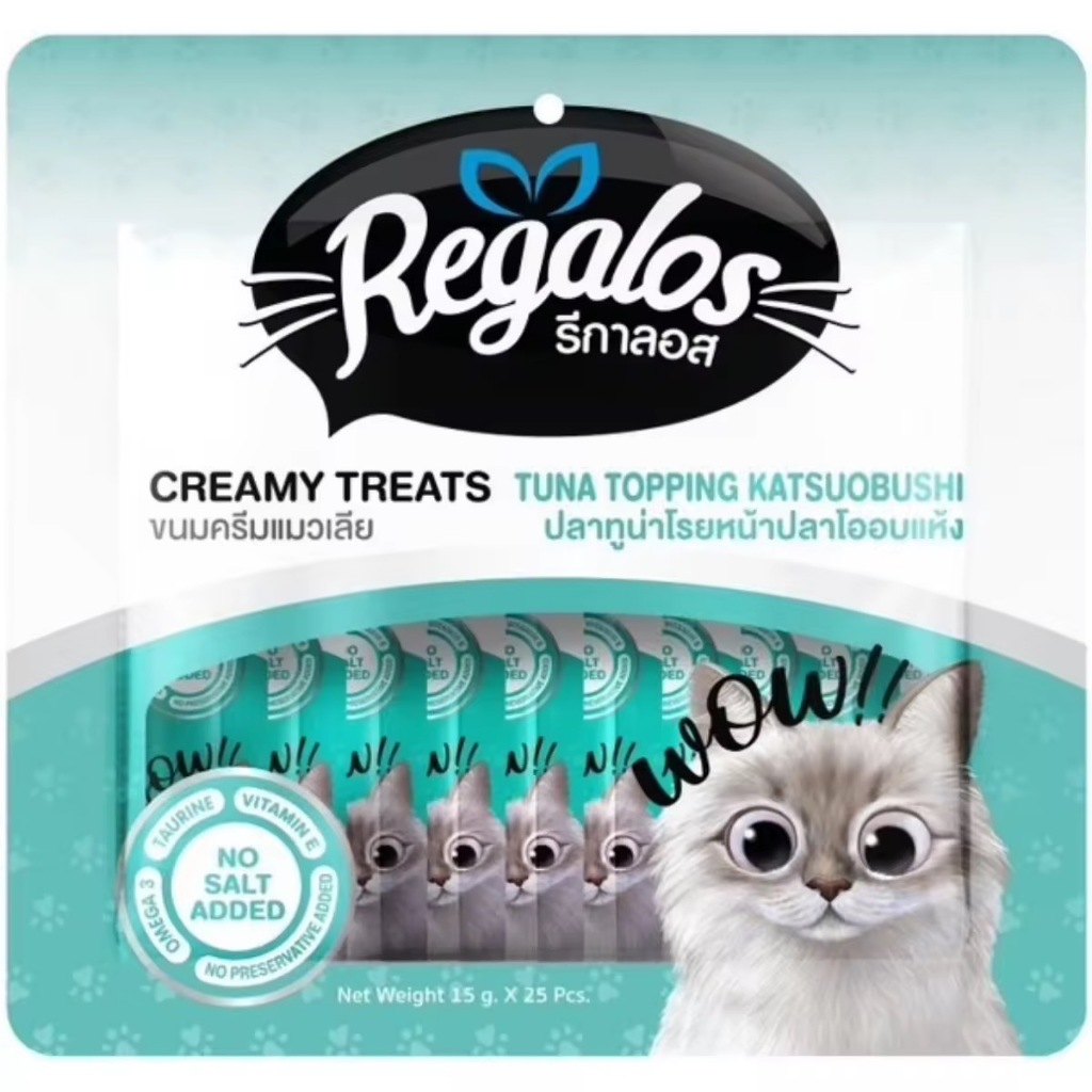 Regalos ขนมแมวเลีย สำหรับแมวอายุ 2 เดือยขึ้นไป (15g*25 ซอง) รสทูน่าปลาโอ